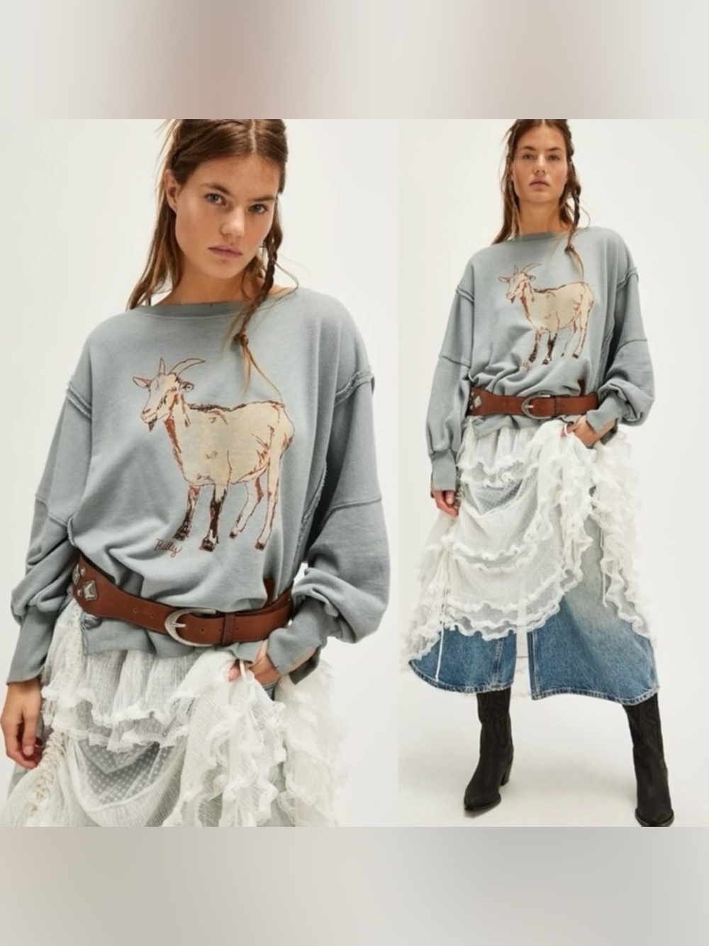 Free People Billy Goat Camden Sweatshirt ~ Sage Green